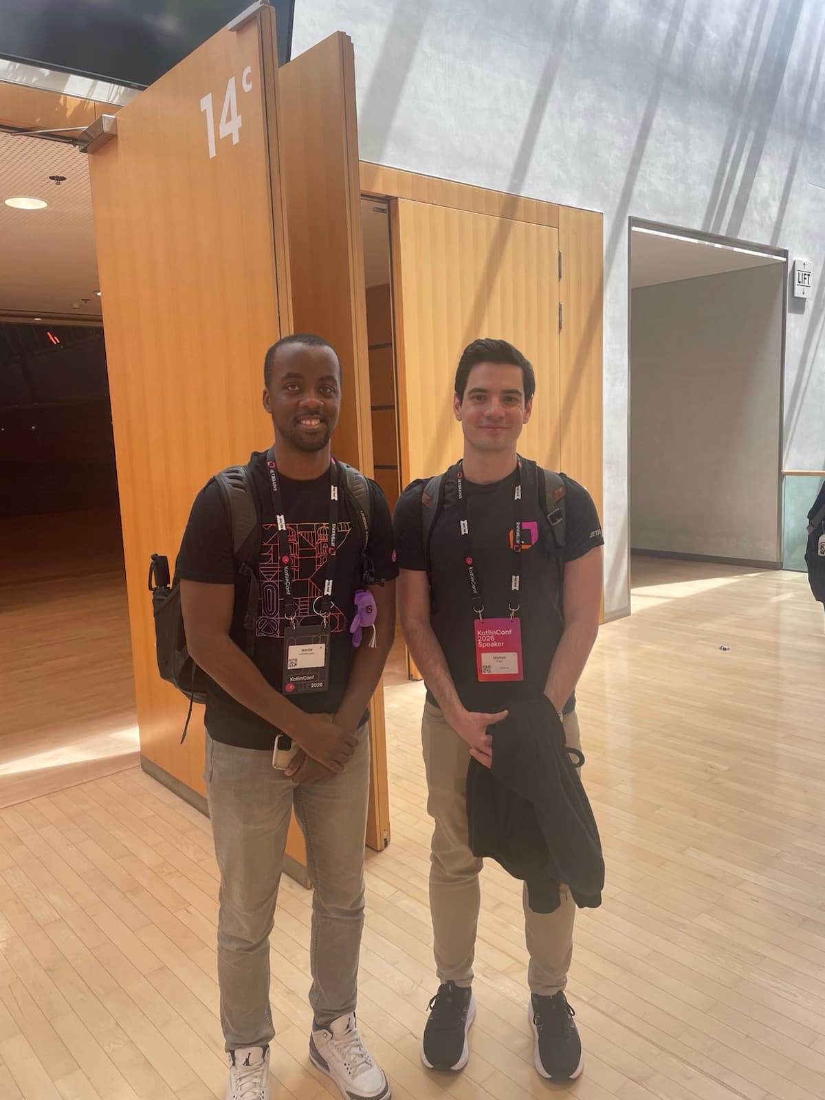 Oreste Gabo with Kotlin developer advocate Marton Braun at KotlinConf 2026